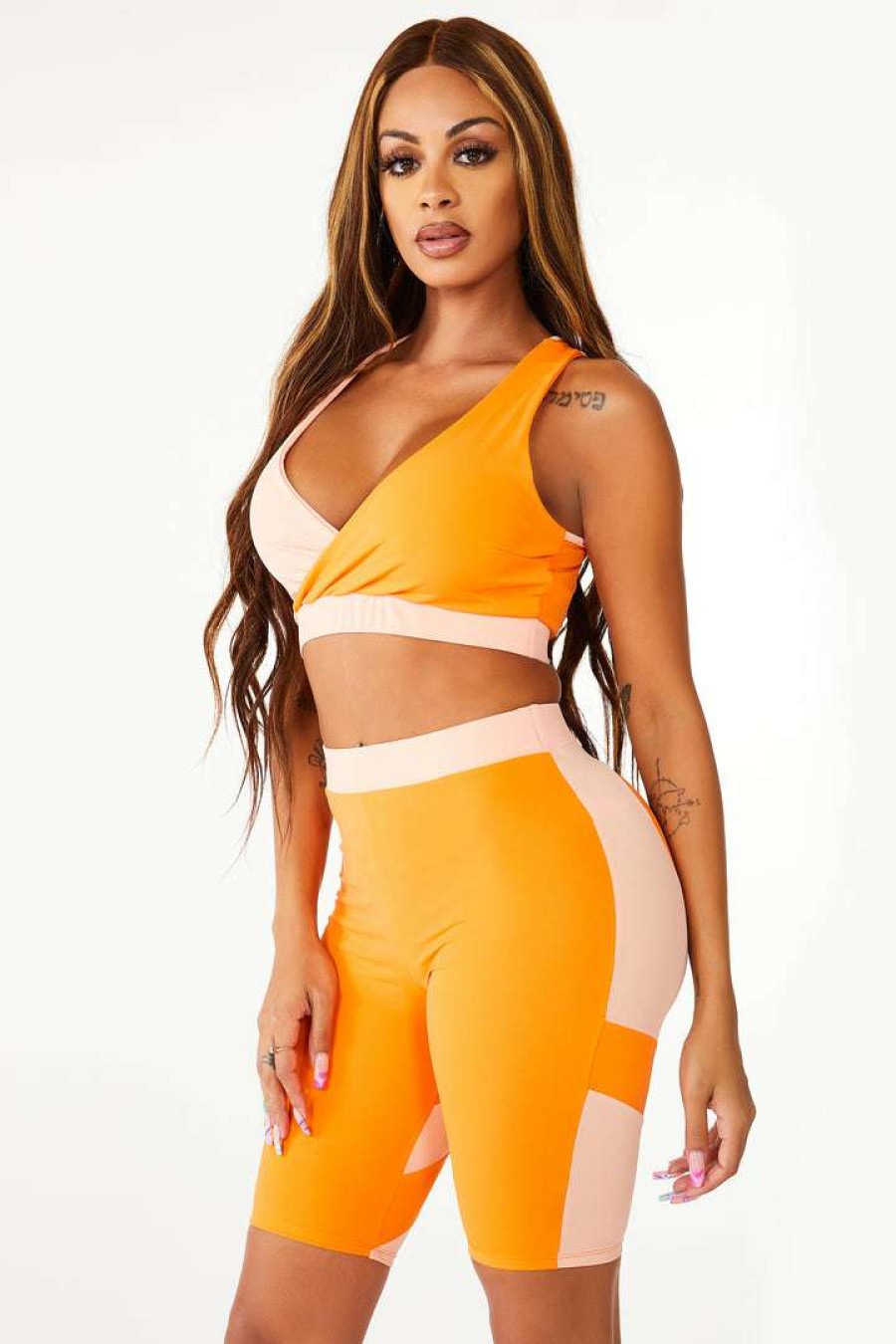 Womens * | Wholesale Womens Active Short Sets Bianca Active Biker Set Orange