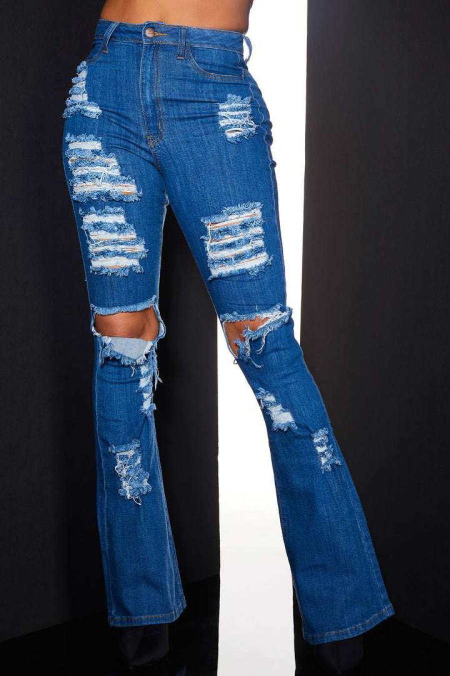 Womens * | Best Reviews Of Womens Jeans High Waisted Distressed Flare Jean-Medium Wash Med. Wash