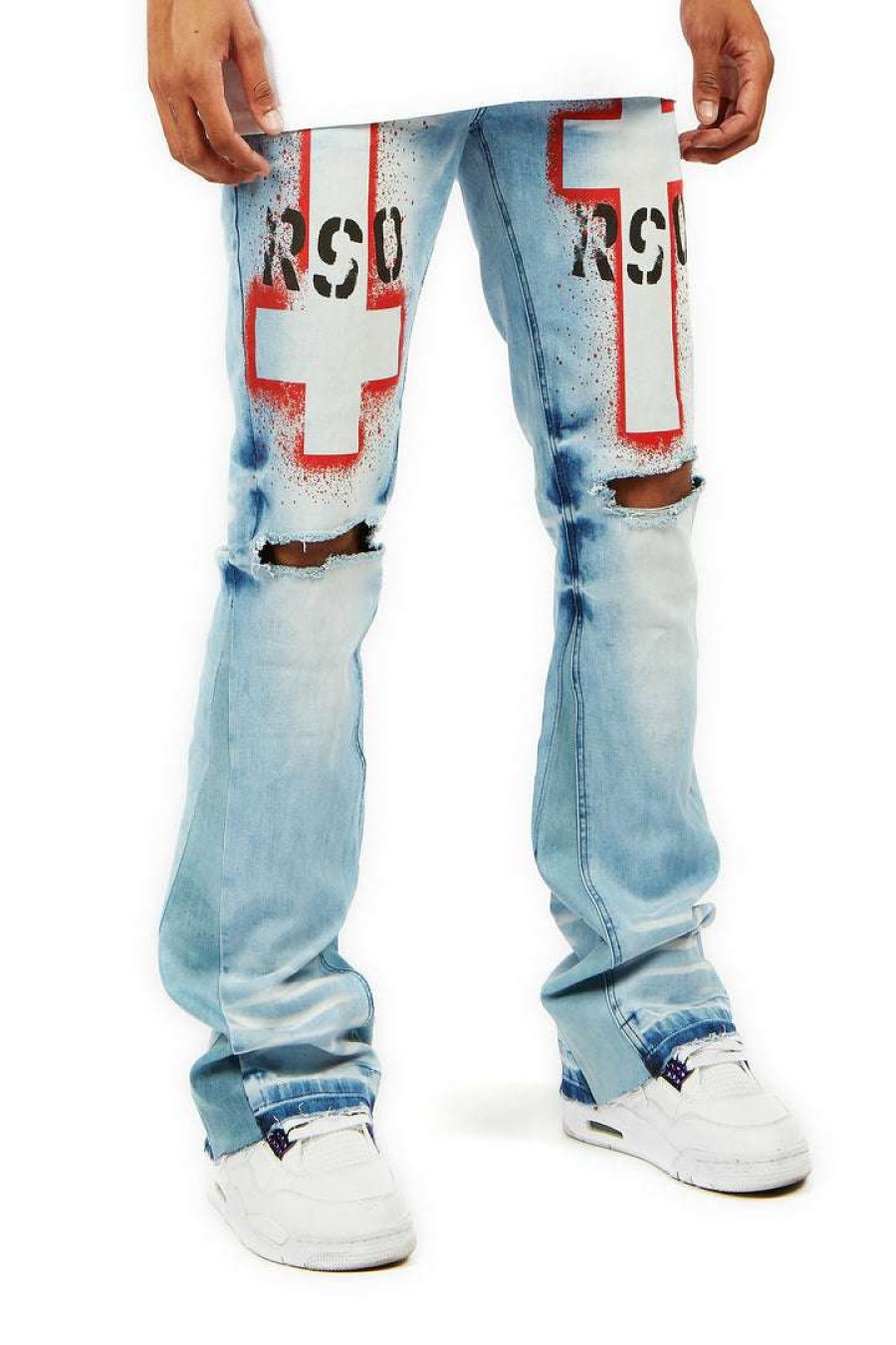 Mens * | Coupon Mens Jeans Itri Printed Stacked Flare Jean Denim Blue