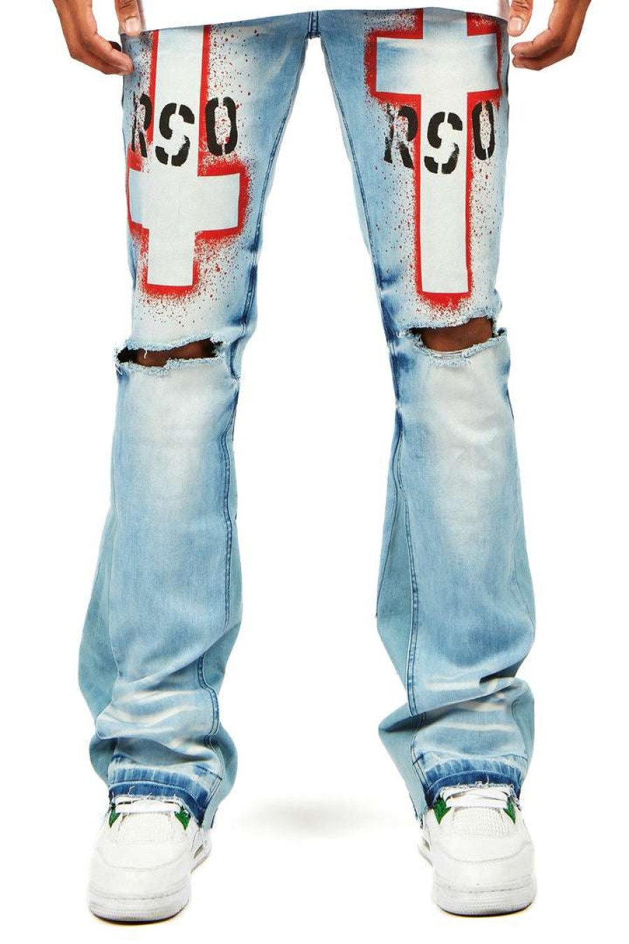 Mens * | Coupon Mens Jeans Itri Printed Stacked Flare Jean Denim Blue