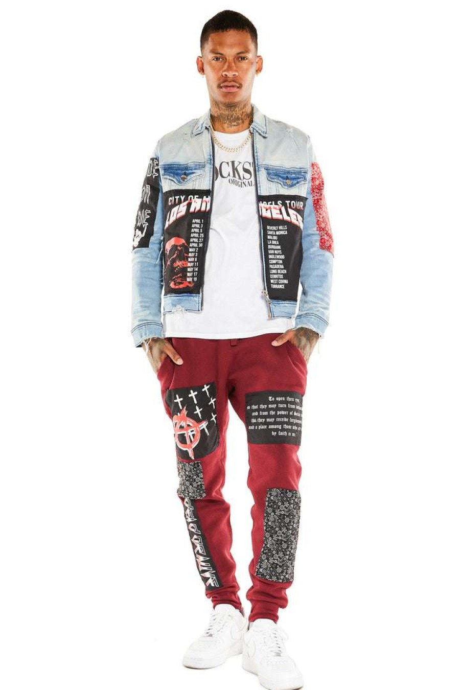 Mens * | Coupon Mens Track Sets Mino Denim Jacket/Trackpant Set Burgundy