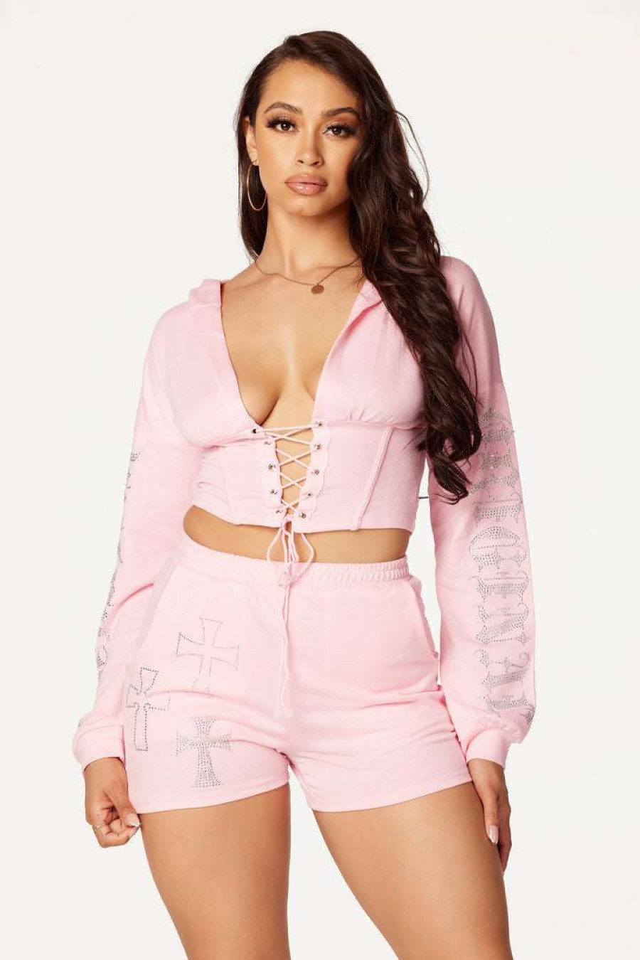 Womens * | Outlet Womens Short Sets Sydney Lace Up Short Set Pink