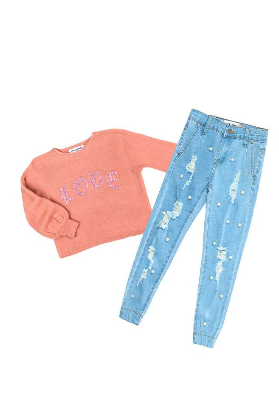 Kids * | Discount Girls Denim Set Girls Jemma Sweater/Jean Set New Arrivals Apricot