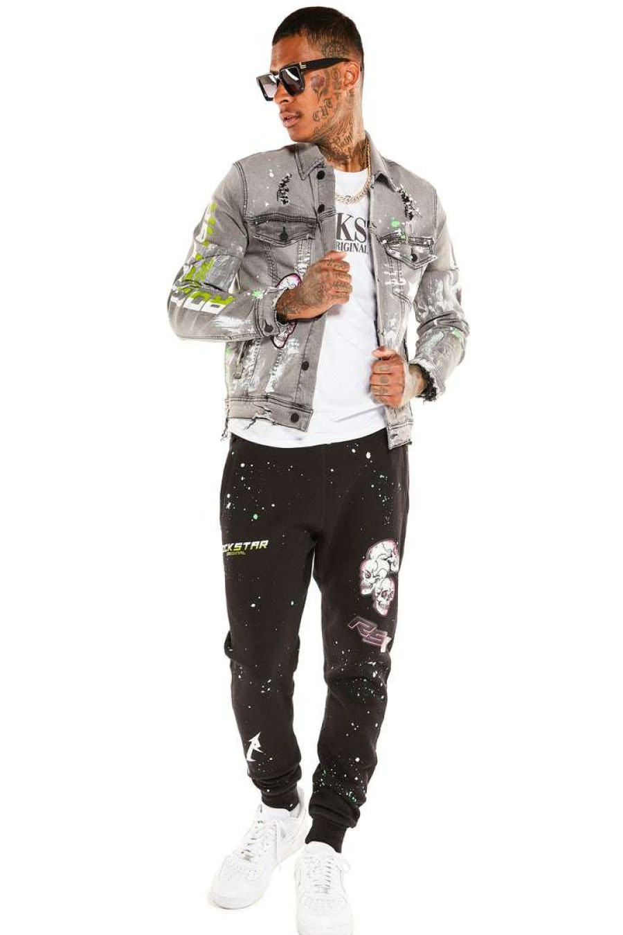 Mens * | Deals Mens Track Sets Cerwin Denim Jacket/Trackpant Set Black