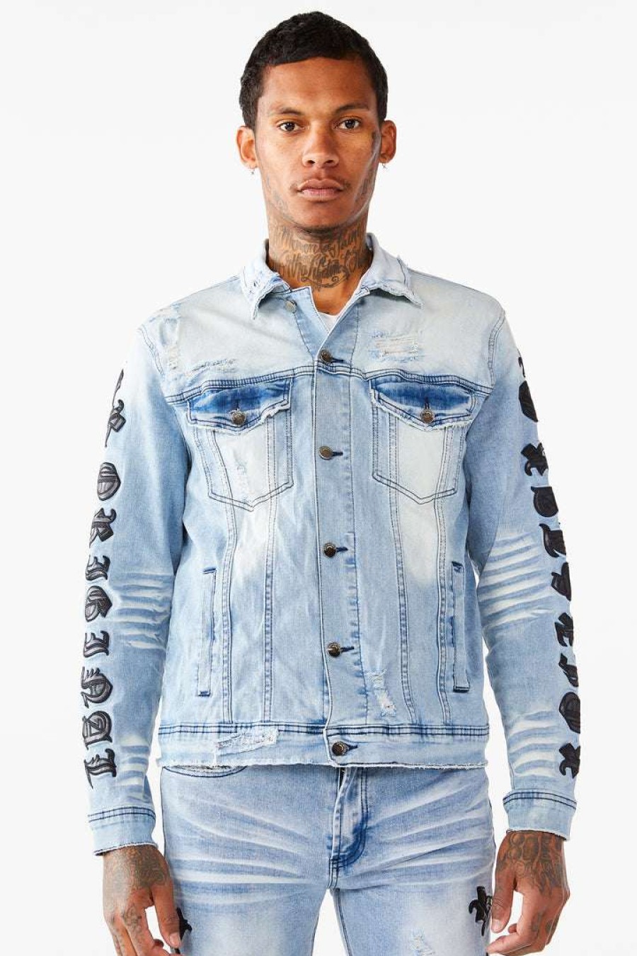 Mens * | Budget Mens Denim Jackets Jones Embroidered Jacket Blue