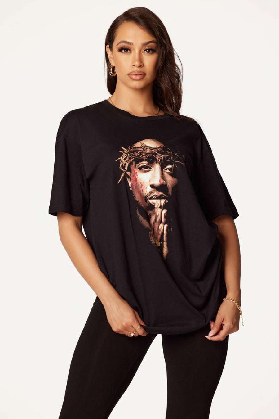 Womens * | Best Sale Womens Tees Best Seller Tupac 4Ever Oversized Tee Black