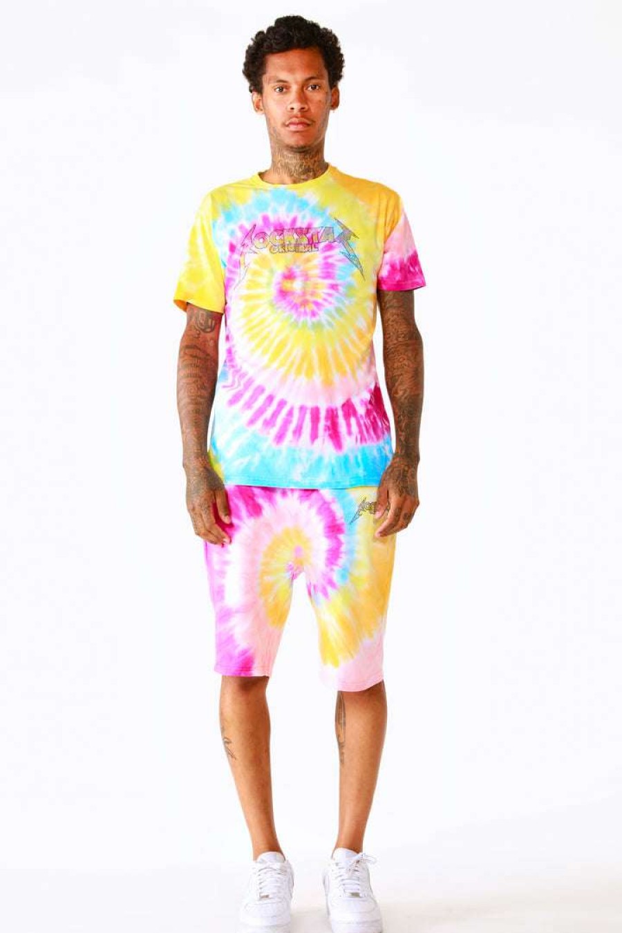 Mens * | Coupon Mens Short Sets Zepplin Tie Dye Short Set-Org/Pink Track Sets Orange/Pink