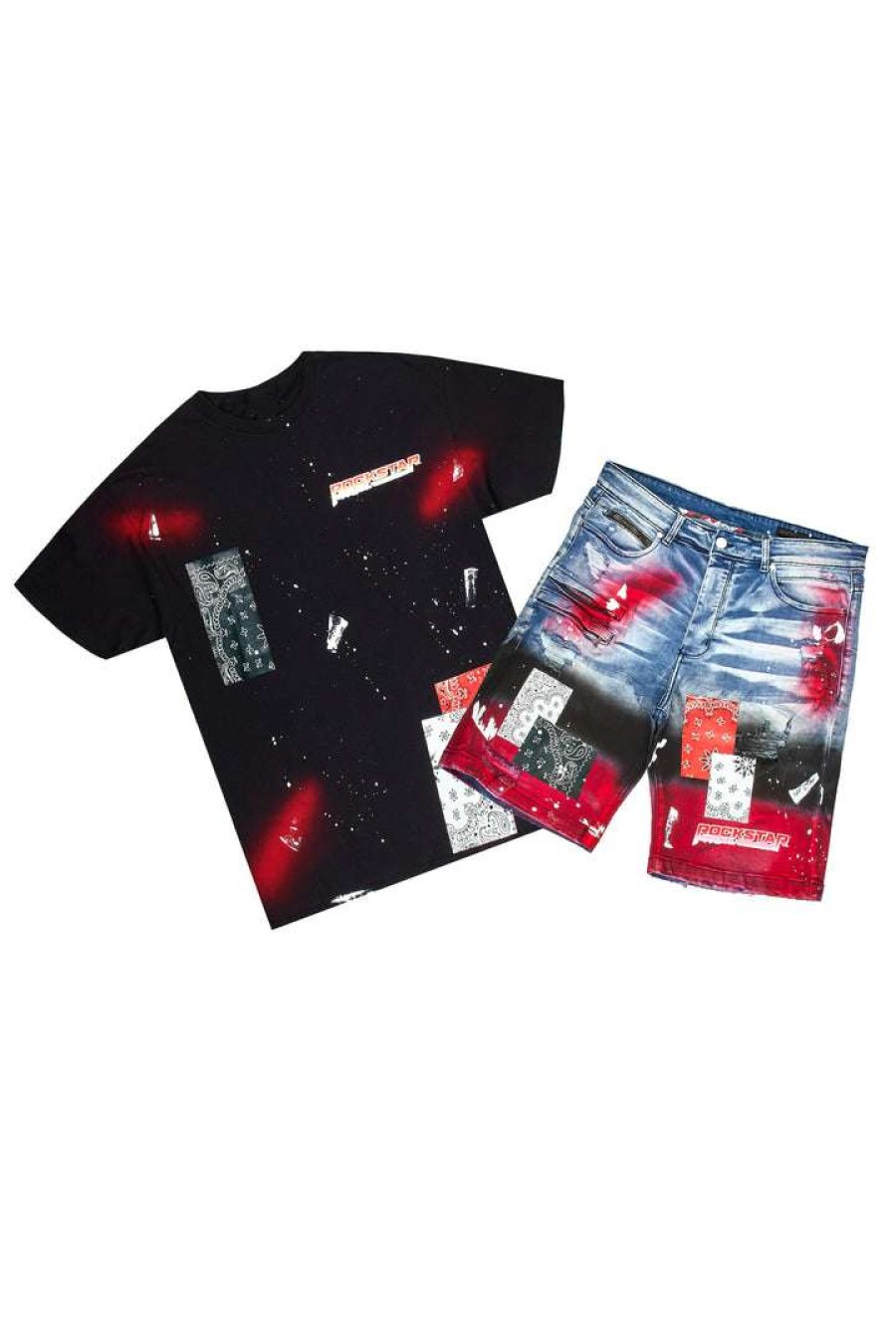 Mens * | Best Pirce Mens Short Sets Track Sets Cien T-Shirt/Denim Short Set-Blk/Red Black/Red