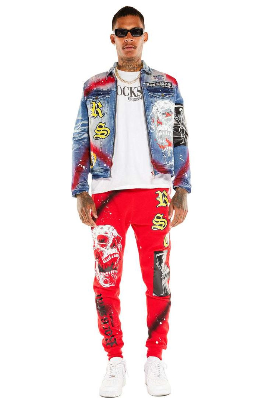 Mens * | Flash Sale Mens Track Sets Nomar Denim Jacket/Trackpant Set Red