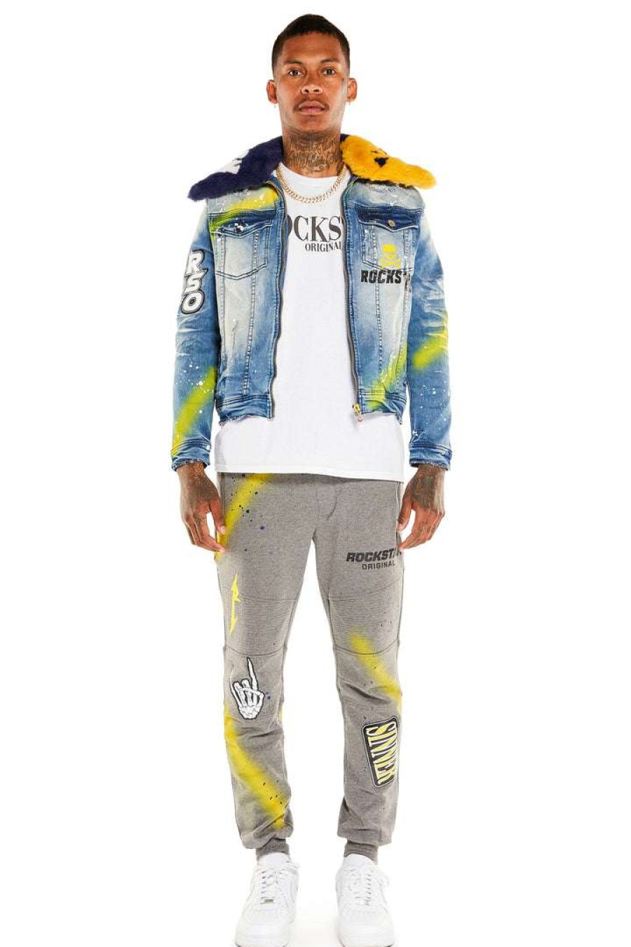 Mens * | Coupon Mens Track Sets Carmelo Denim Jacket/Trackpant Set Navy/Yellow