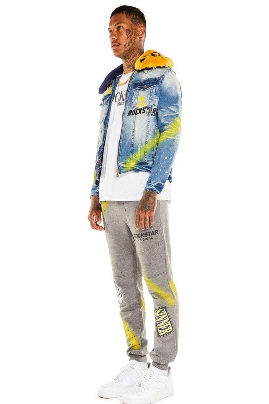 Mens * | Coupon Mens Track Sets Carmelo Denim Jacket/Trackpant Set Navy/Yellow