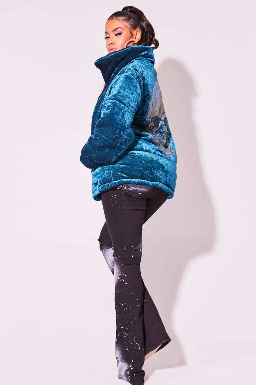 Womens * | Buy Womens Outerwear Skull Velvet Puffer Jacket-Teal Blue