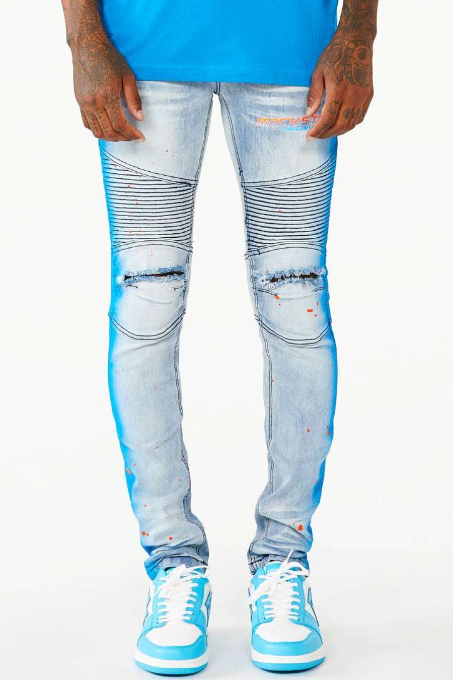 Mens * | Brand New Mens Jeans Denim Brum Printed Jean-Lt Blue Light Blue