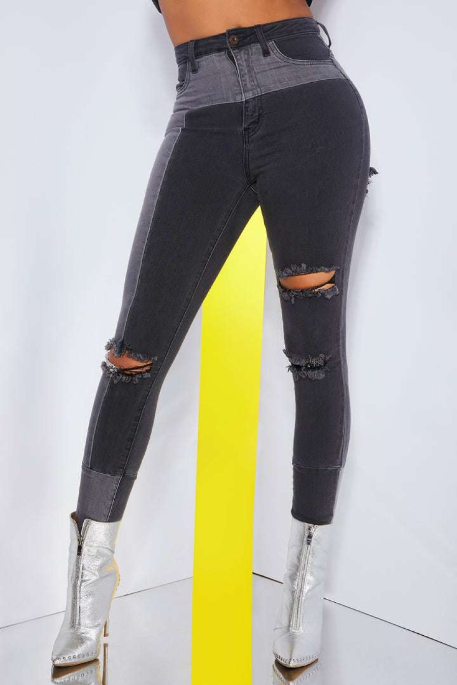 Womens * | Hot Sale Womens Jeans Distressed Patchwork Skinny Jean Dark Grey