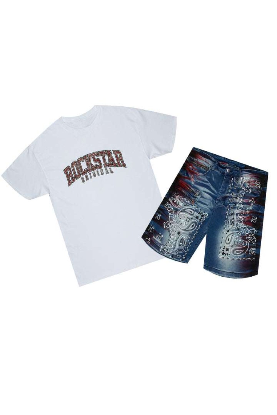 Mens * | Outlet Mens Short Sets Denok T-Shirt/Denim Short Set-Blk/Red Black/Red