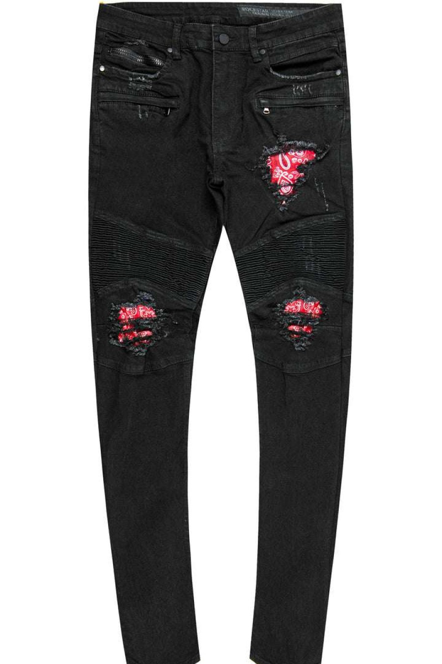 Mens * | Cheapest Mens Jeans Bruce Biker Patch Jean- Blk/Red Denim Black/Red