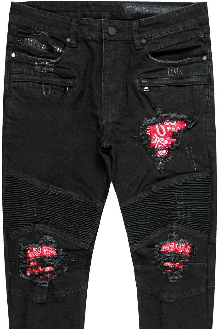 Mens * | Cheapest Mens Jeans Bruce Biker Patch Jean- Blk/Red Denim Black/Red