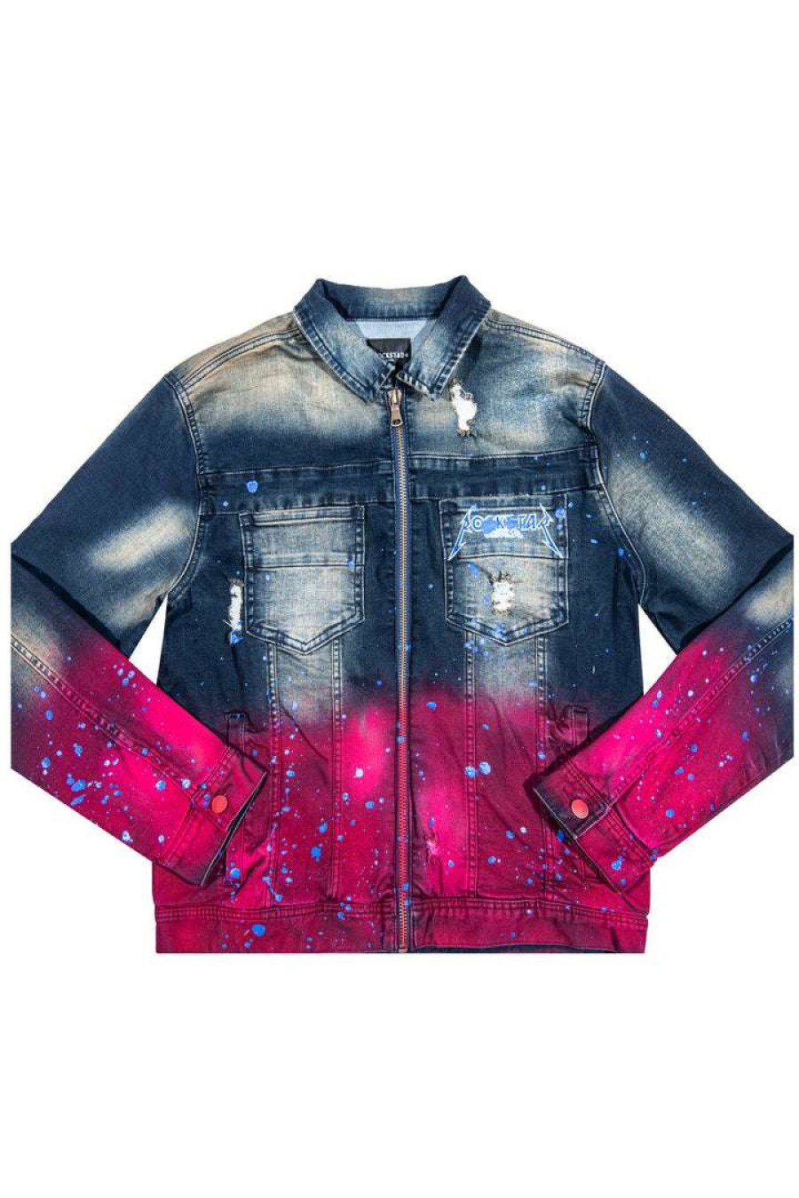 Mens * | Best Deal Mens Denim Jackets Tecca Printed Denim Jacket Blue/Fuchsia