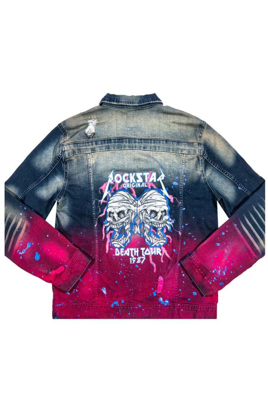 Mens * | Best Deal Mens Denim Jackets Tecca Printed Denim Jacket Blue/Fuchsia