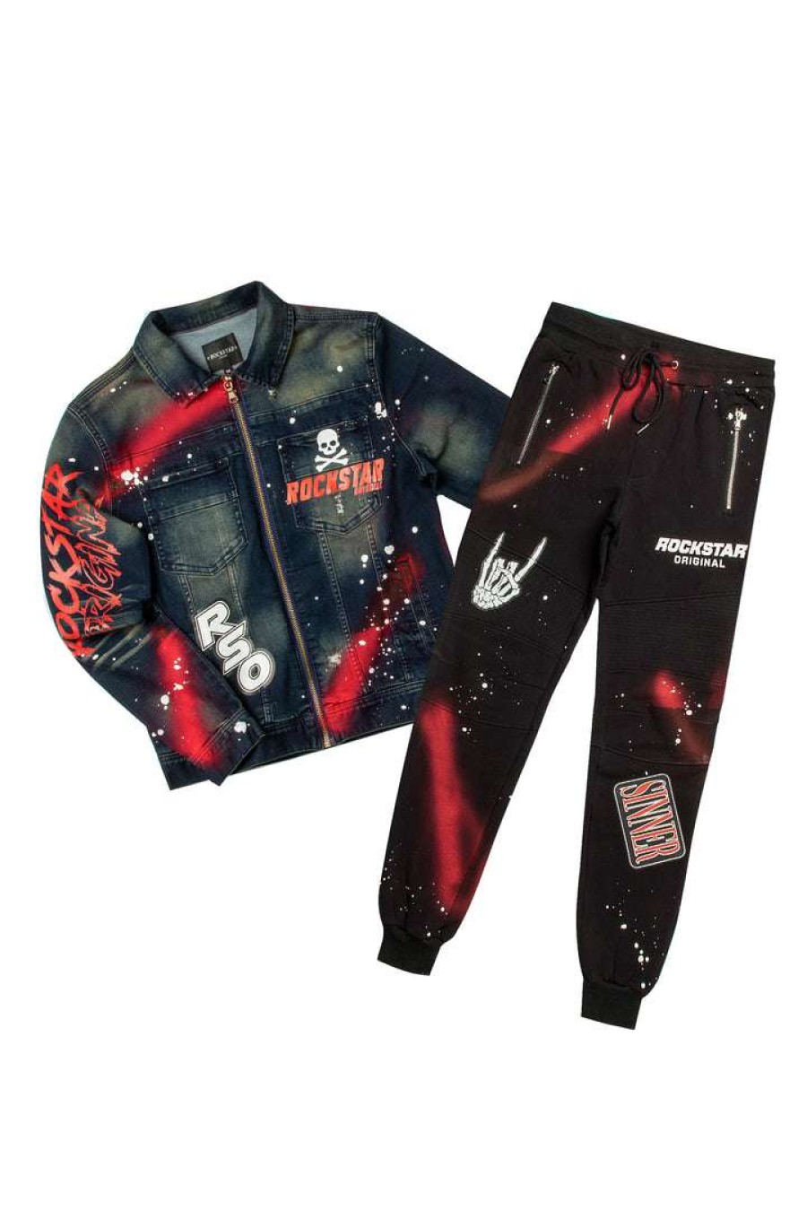 Mens * | Buy Mens Track Sets Carmelo Denim Jacket/Trackpant Set Black/Red