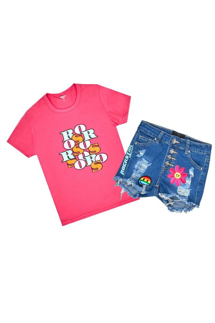 Kids * | Deals Girls Denim Set Girls Guille Denim Short Set Pink