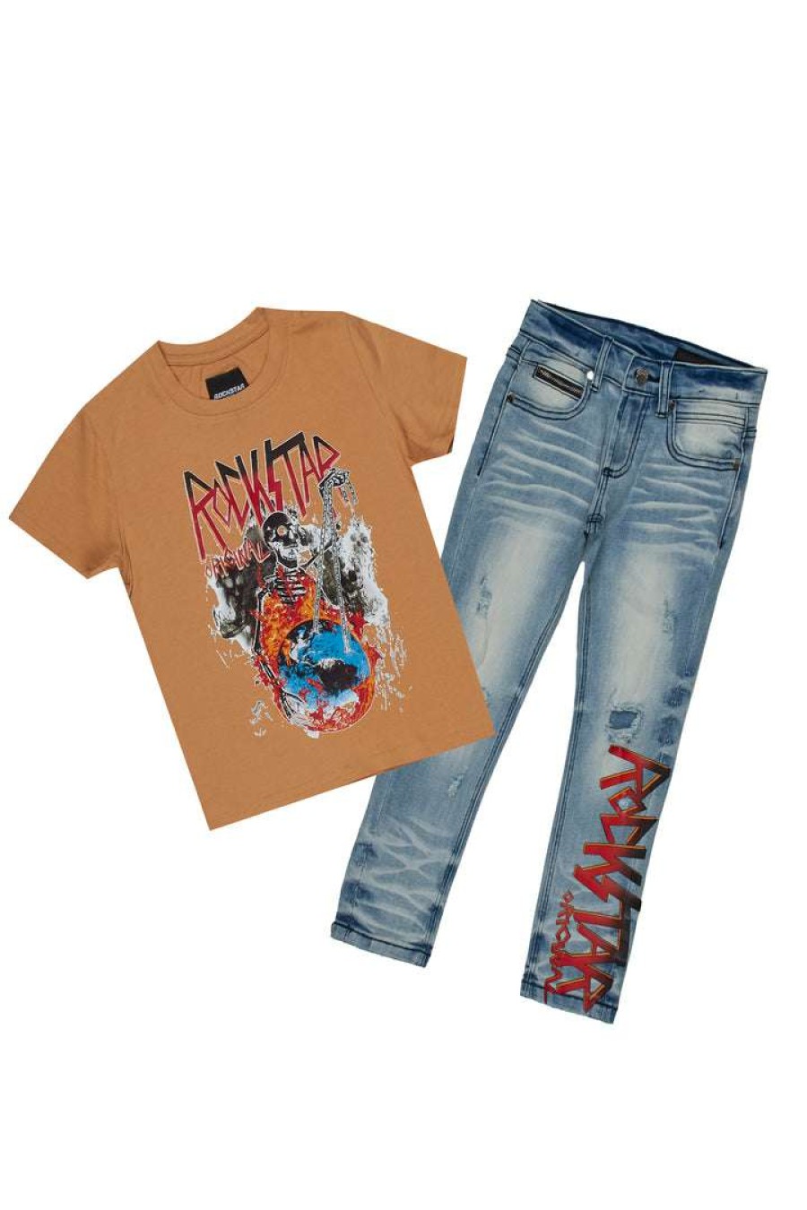 Kids * | Brand New Boys Denim Sets Boys Ramone T-Shirt/Jean Set New Arrivals Beige