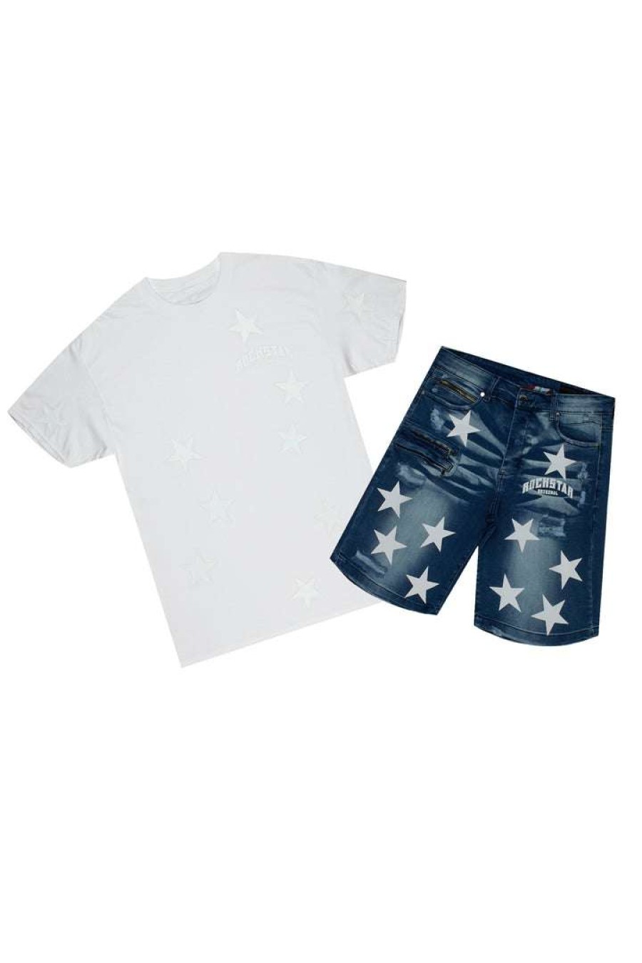 Mens * | Hot Sale Mens Short Sets Stellar T-Shirt/Denim Short Set Track Sets White