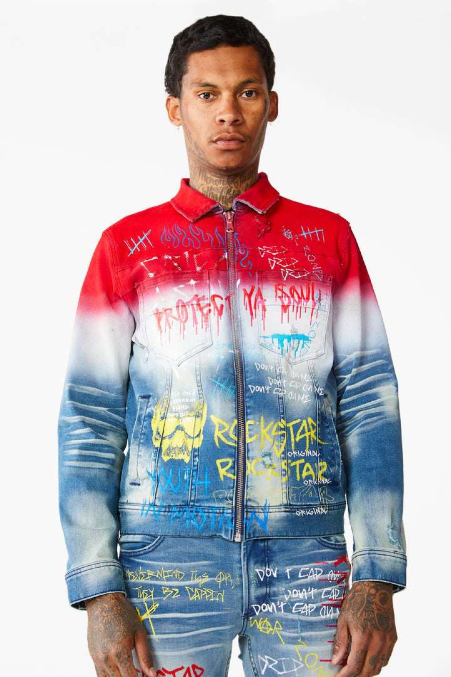 Mens * | Cheapest Mens Denim Jackets Dripper Printed Denim Jacket Red