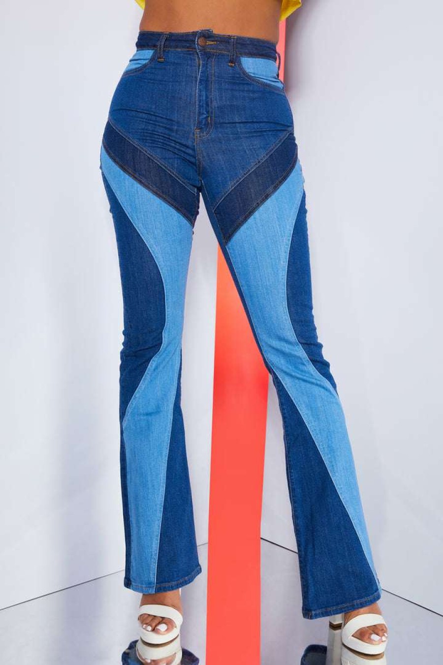 Womens * | Hot Sale Womens Jeans Best Seller 70S Patchwork Flare Jean-Medium Wash Med. Wash